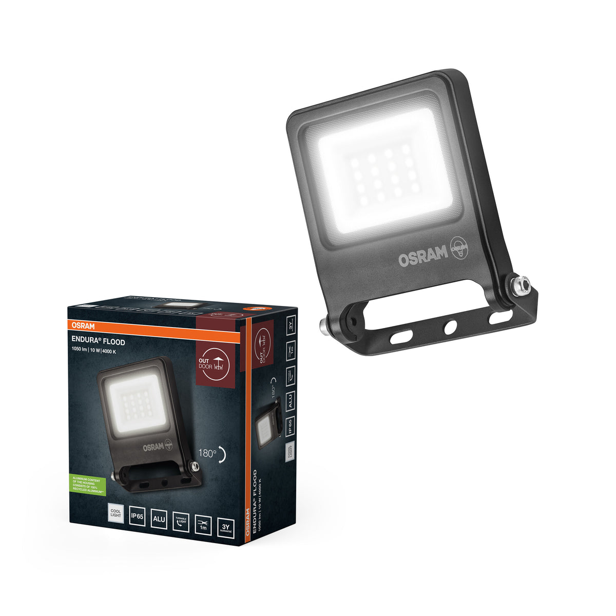 OSRAM ENDURA FLOOD PC 10W LED-Fluter, 4000K kaltweiß, 1000 Lumen, IP65 wetterfestes Flutlicht, 180° schwenkbar, Dunkelgrau