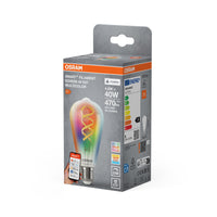OSRAM SMART+ MATTER Filament Classic shapes multicolor in Edison-Form, LED-Lampe, Glas, klar, 4,8 W, 470 lm, RGBW, Wifi, Smartspeaker-Kompatibel, Dimmbar