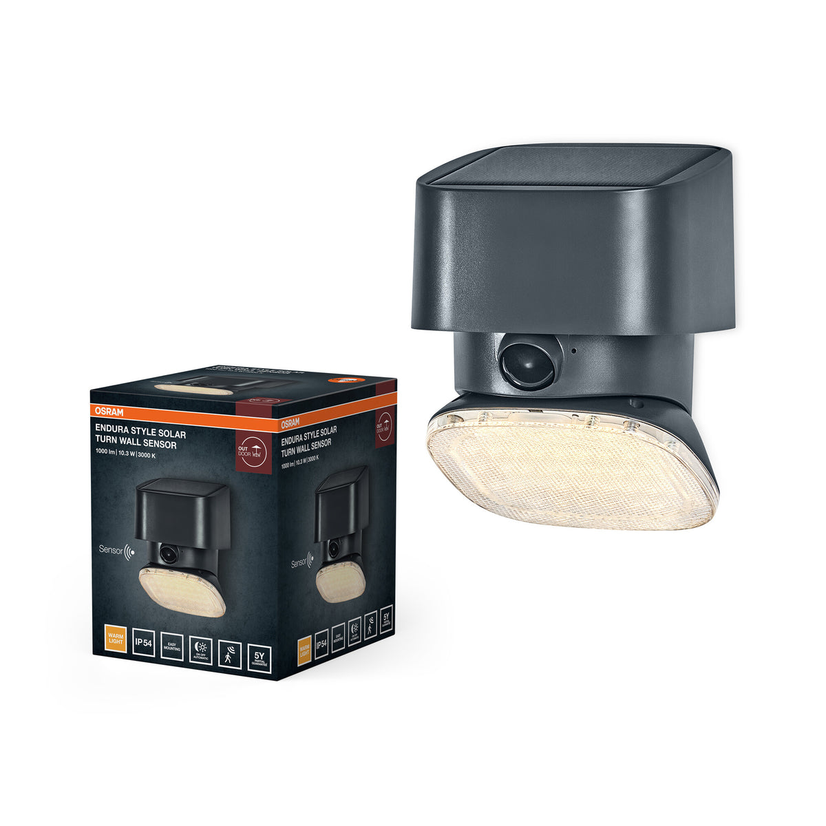 OSRAM Endura Style Solar LED Wandleuchte Turn, 10,3W, 3000K warmweiß, 890 lm, PIR Sensor, IP54, 140 Tage