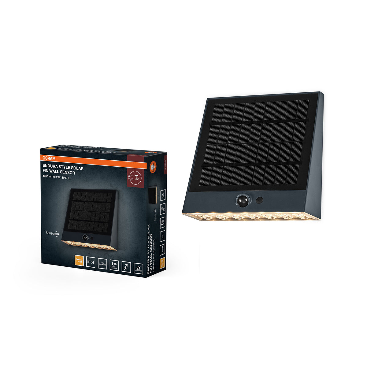 OSRAM Endura Style Solar LED Wandleuchte Fin, 10,2W, 3000K warmweiß, 890 lm, PIR Sensor, IP54, 18 Tage Akku