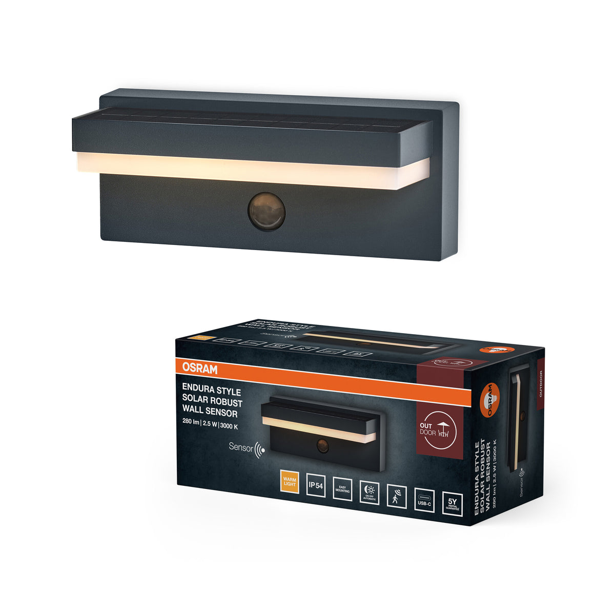 OSRAM Endura Style Solar LED Wandleuchte Robust, 2,5W, 3000K warmweiß, 180 lm, USB, PIR Sensor, 1 Monat