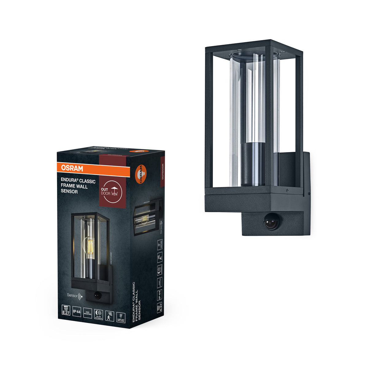 OSRAM Endura Classic LED Wandleuchte Frame, E27 Fassung, PIR Sensor, IP44, Aluminium dunkelgrau, Glas