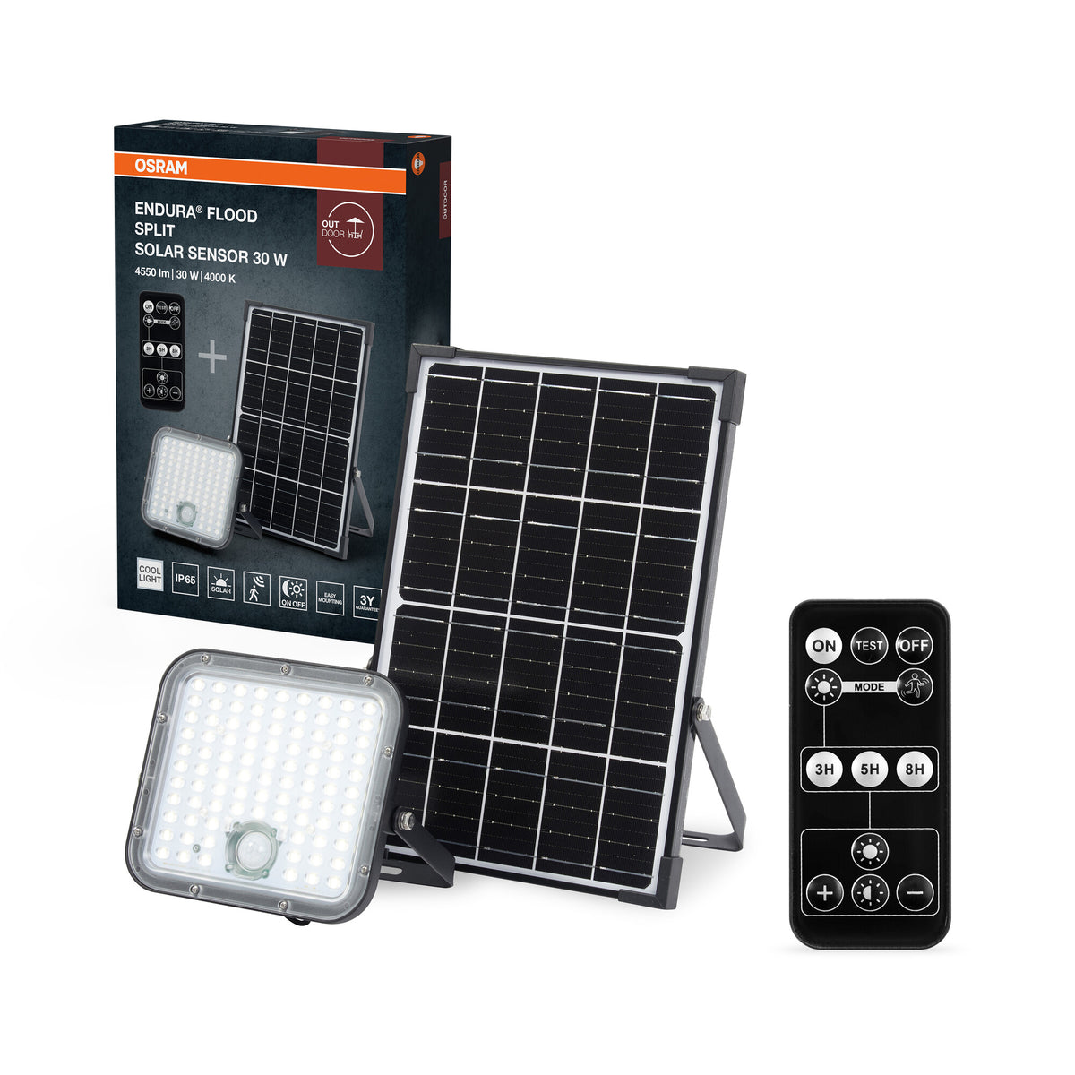 OSRAM LED-Solar-Außenleuchte Endura Outdoor schwarz mit Flutlicht und Solar-Panel, 5 m langes Kabel, mit Fernbedienung und PIR-Bewegungsmelder, 30 W, 4500 lm, 840, 4000 K Lichtfarbe, EEK A