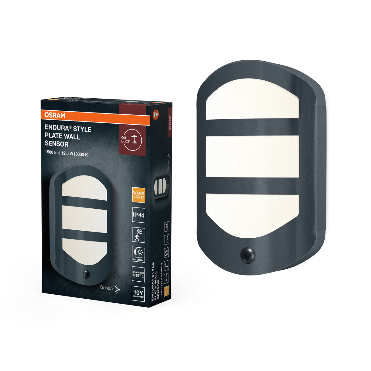 OSRAM ENDURA Style Plate Wall Sensor, Außenwandleuchte Dunkelgrau, 12,5W, 630lm, 3000K, IP44, Bewegungssensor