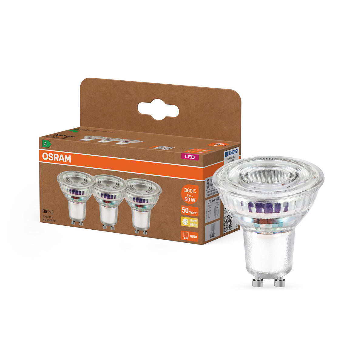 OSRAM LED LAMPS ENERGY EFFICIENCY REFLECTOR in PAR16-Form, LED-Spot, LEAD FREE GLASS, 2 W, (ex 50 W), 360 lm, Warmweiß, 2700 K, Energieeffizienzklasse: A, 50000 h, 3er