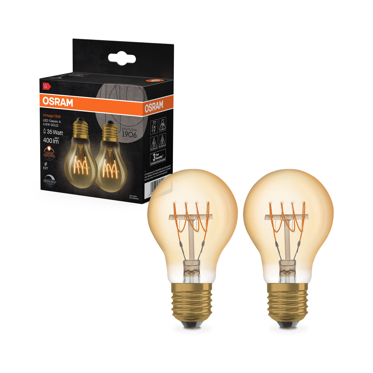 OSRAM Vintage 1906 LED CLASSIC A,B,P SLIM FILAMENT dimmbar 4,8W 822 Gold E27