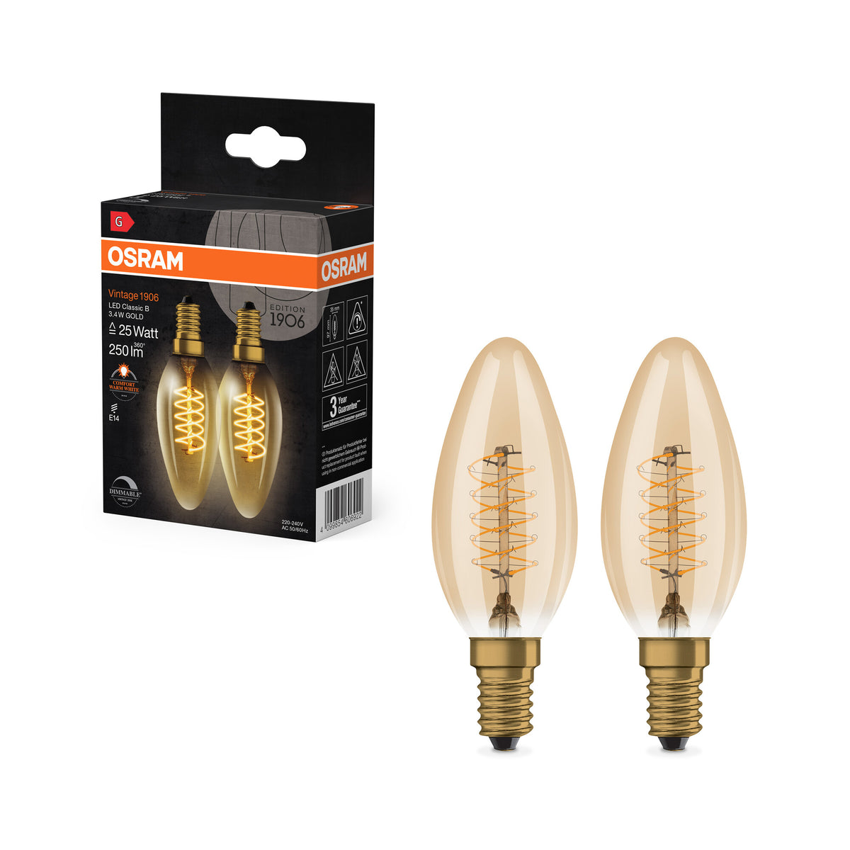 OSRAM Vintage 1906 LED Leuchte CLASSIC A,B,P SLIM FILAMENT dimmbar 3,4W 822 Gold E14