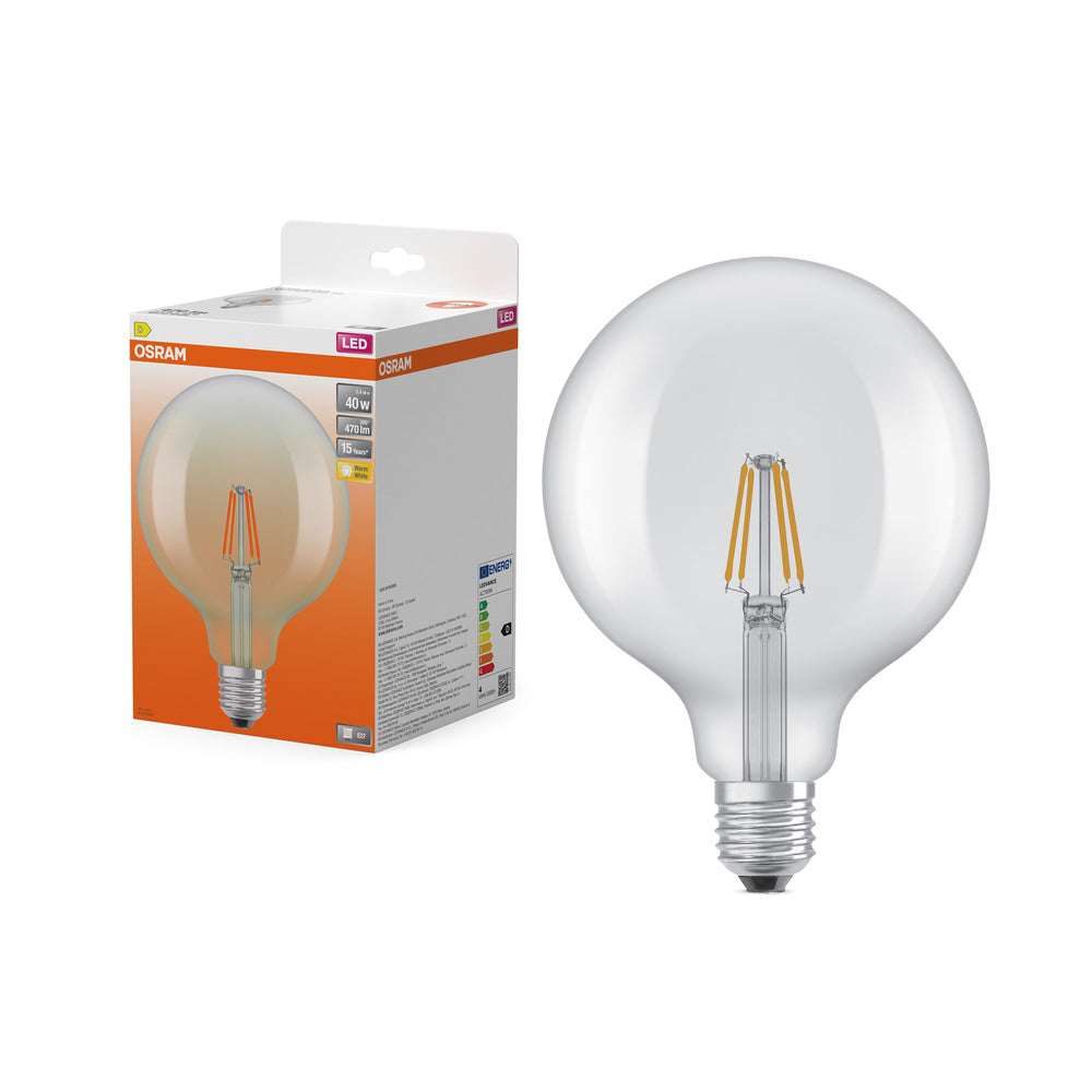 OSRAM LED-Lampen, klassische Ballform, 40 Watts Ersatz, E27, G125, 2700 Kelvin, Warm weiß, Klares Glas, single Pack