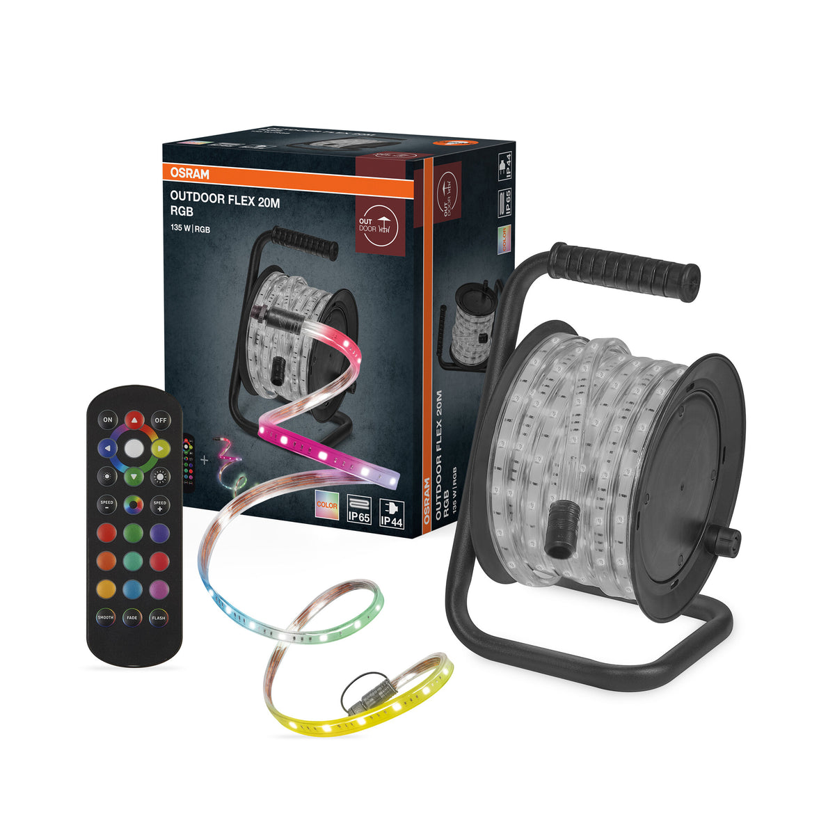 OSRAM Outdoor Flex RGB LED Streifen 20M IP65, inkl. Fernbedienung, bis 50 m erweiterbar, mit Kabeltrommel, Anschlusskabel, Zubehör