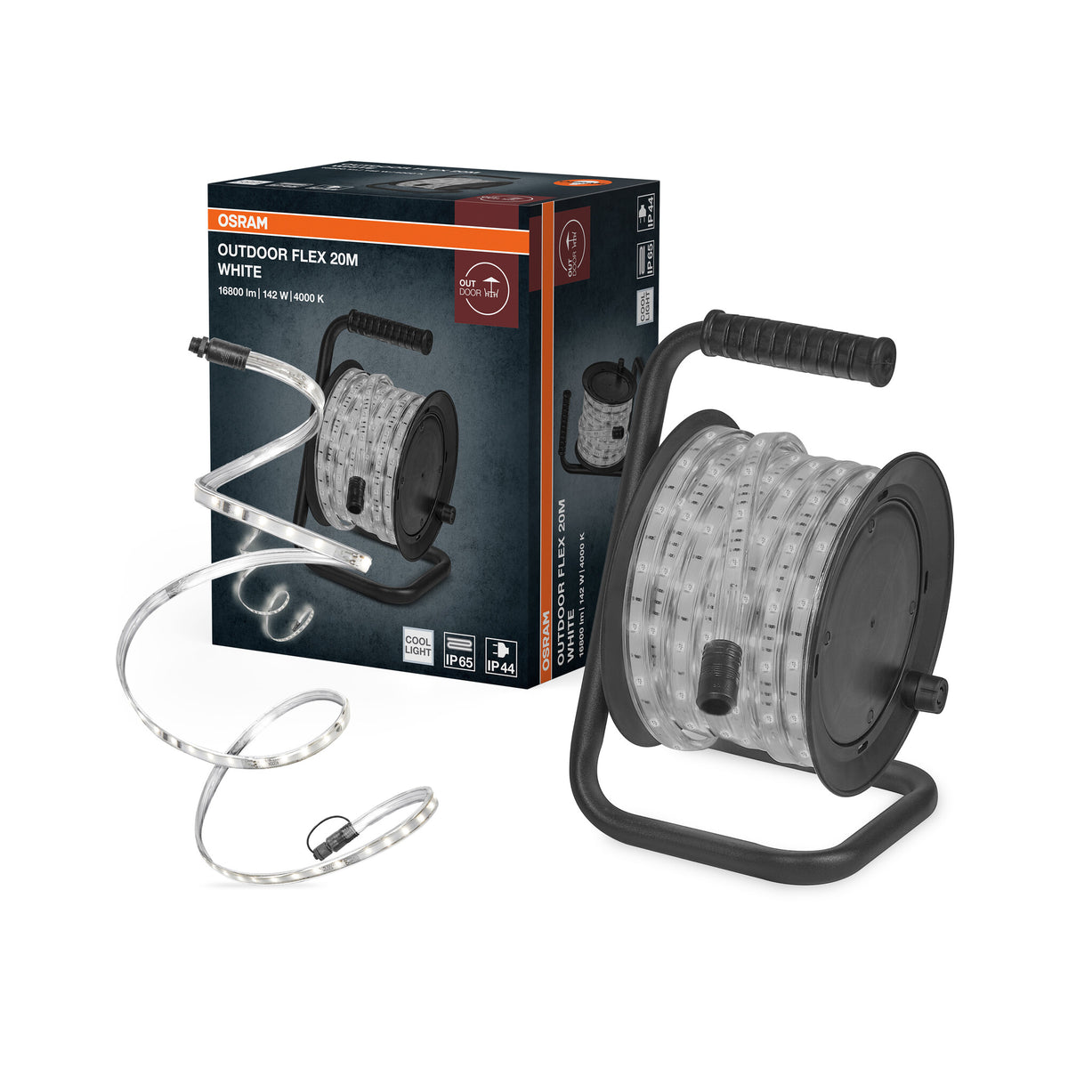 OSRAM Outdoor Flex LED Streifen 20M IP65, kaltweiß, bis 50 m erweiterbar, inkl. Kabeltrommel, Montagezubehör, Anschlusskabel