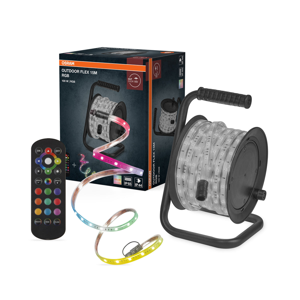 OSRAM Outdoor Flex RGB LED Streifen 15M IP65, inkl. Fernbedienung, bis 50 m erweiterbar, mit Kabeltrommel, Anschlusskabel, Zubehör