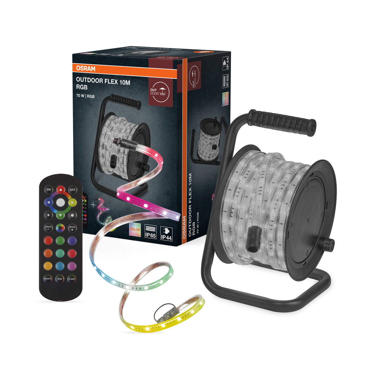 OSRAM Outdoor Flex RGB LED Streifen 10M IP65, inkl. Fernbedienung, bis 50 m erweiterbar, mit Kabeltrommel, Anschlusskabel, Zubehör