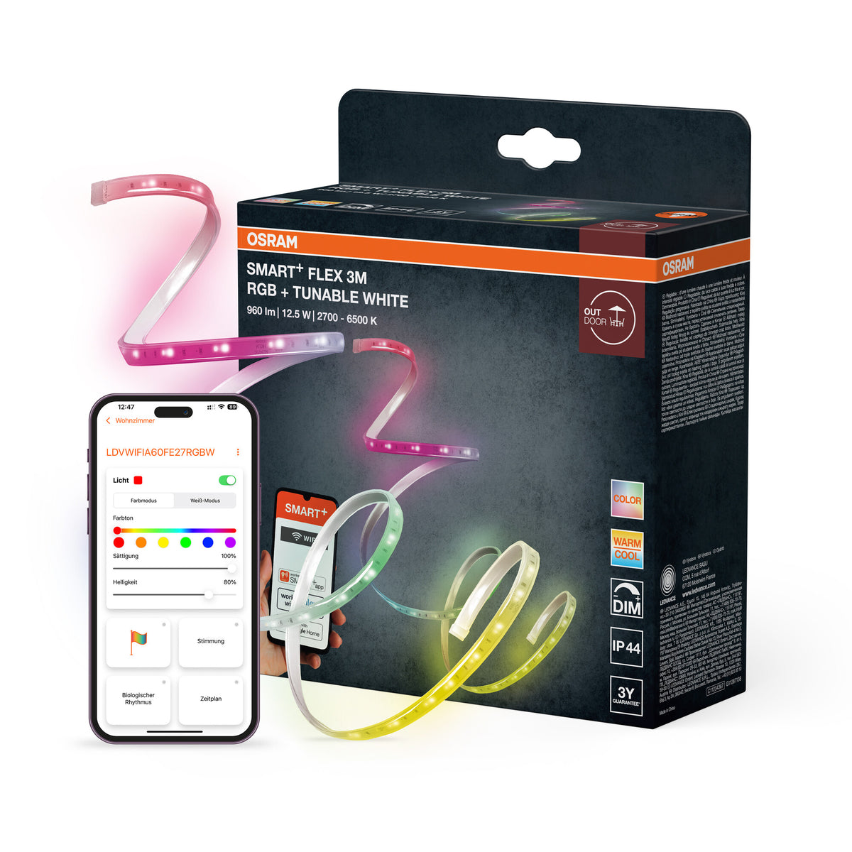 OSRAM SMART+ WIFI OUTD FLEX 3M LED-Streifen, weiß, 12W, 790lm, warm- bis kaltweiß steuerbar, RGB-Licht, für Außenbereich, App-steuerbar, lange Lebensdauer, einfache Montage, Schutzklasse IP44