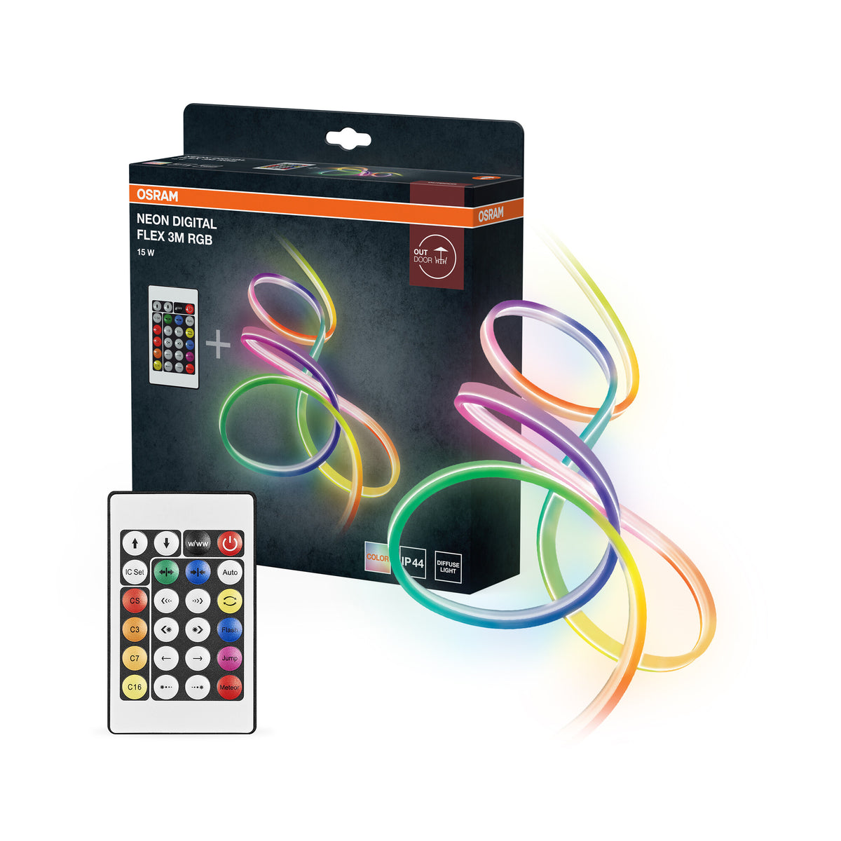 OSRAM Neon Digital Flex mehrfarbige Outdoor-LED-Strips 3M RGB + RC aus Silikon, IP44-Schutz, indirekte und direkte Beleuchtung für Garten und Balkon