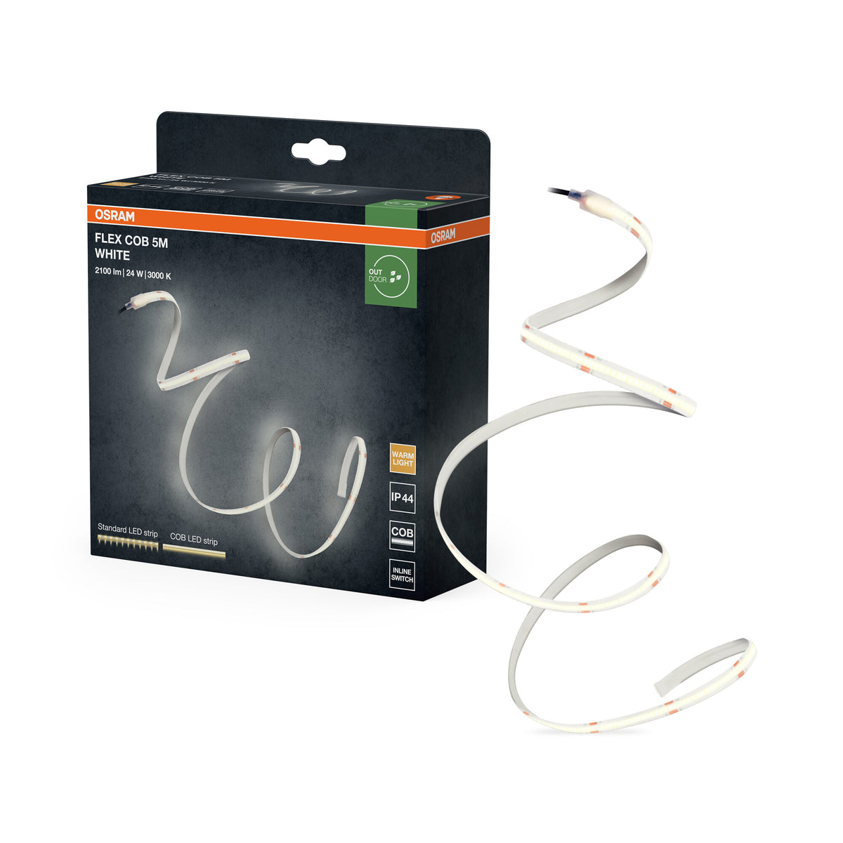 OSRAM FLEX COB OUTDOOR 5M LED-Streifen, weiß, 22W, 800lm, warmweißes Licht, COB-Technologie, homogene Lichtverteilung, lange Lebensdauer, einfache Montage, SchutzkIasse IP44, 3000K
