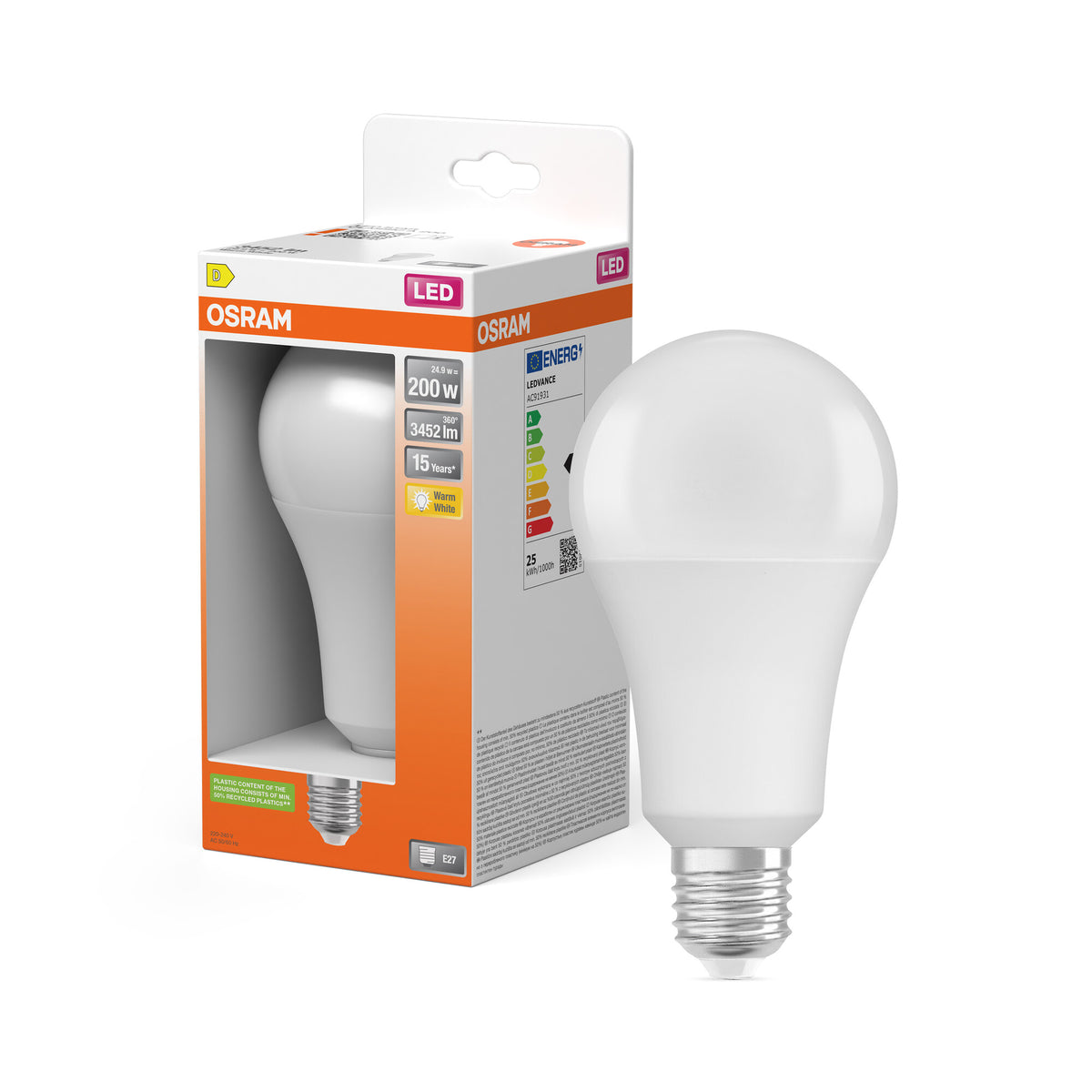 OSRAM LED LAMP WITH CLASSIC A , LED-Lampe, Matt, 24,9 W, (ex 200 W), 3452 lm, Warmweiß, 2700 K, 15000 h, CRI ≥80