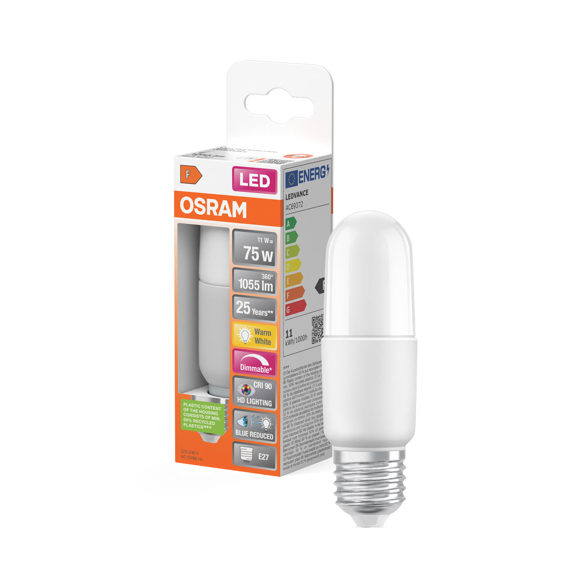 OSRAM LED SUPERSTAR PCR CLASSIC STICK DIM LAMP in Stick-Form, LED-Lampe, Matt, 11 W, (ex 75 W), 1000 lm, Warmweiß, 2700 K, Dimmbar, 15000  h, CRI 90