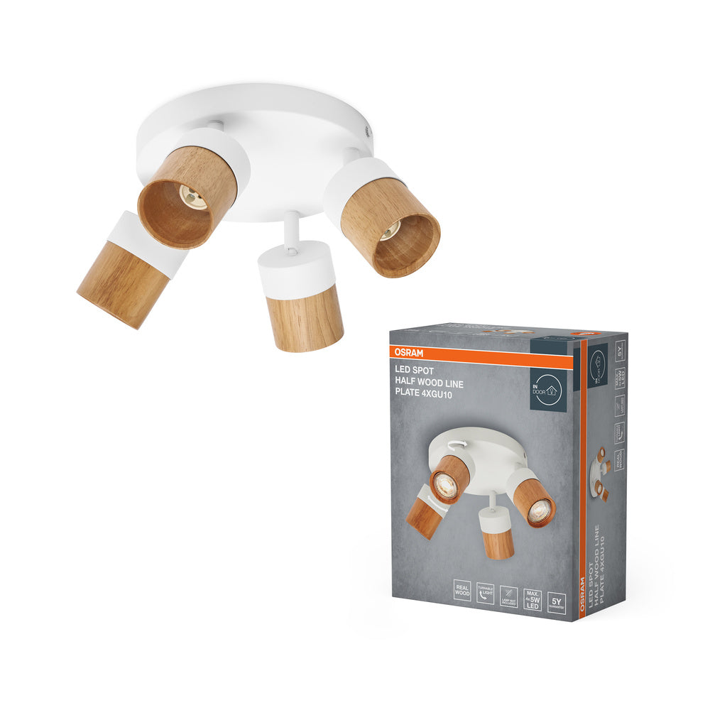 OSRAM LED Spot Half Wood Line Plate Deckenleuchte 4xGU10 Weiß und Holzdekor