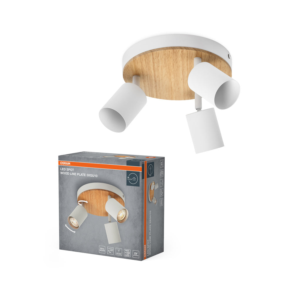 OSRAM LED Spot Wood Line Plate Deckenleuchte 3xGU10 Weiß und Holzdekor