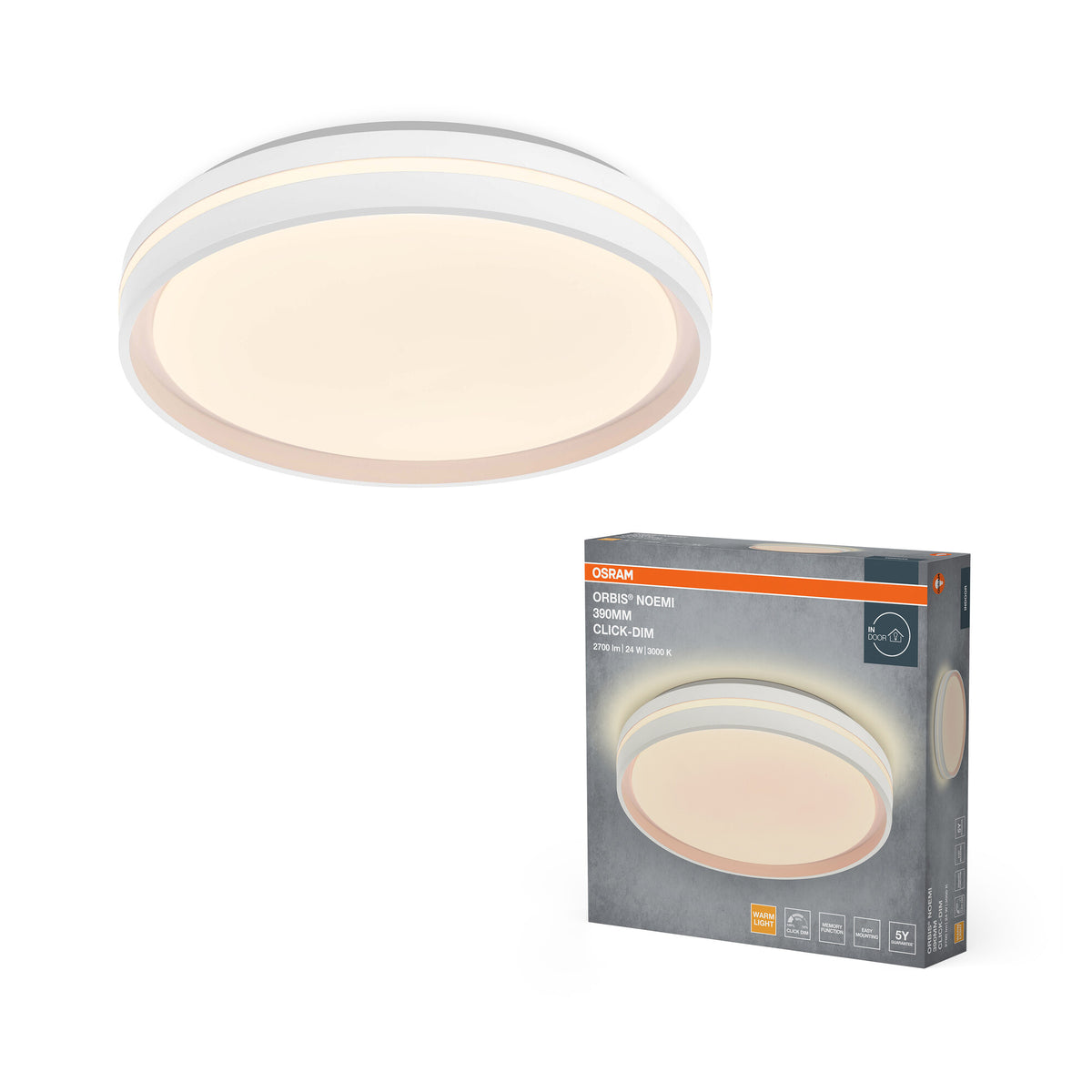OSRAM Orbis Noemi Deckenleuchte, 390 mm, 24W, 3000K, Warmweiß, Click dimmbar, Weiß