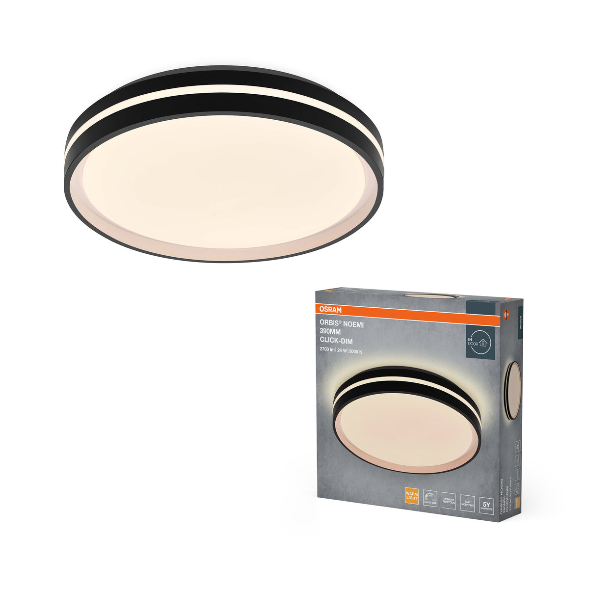 OSRAM Orbis Noemi Deckenleuchte, 390 mm, 24W, 3000K, Warmweiß, Click dimmbar, Schwarz