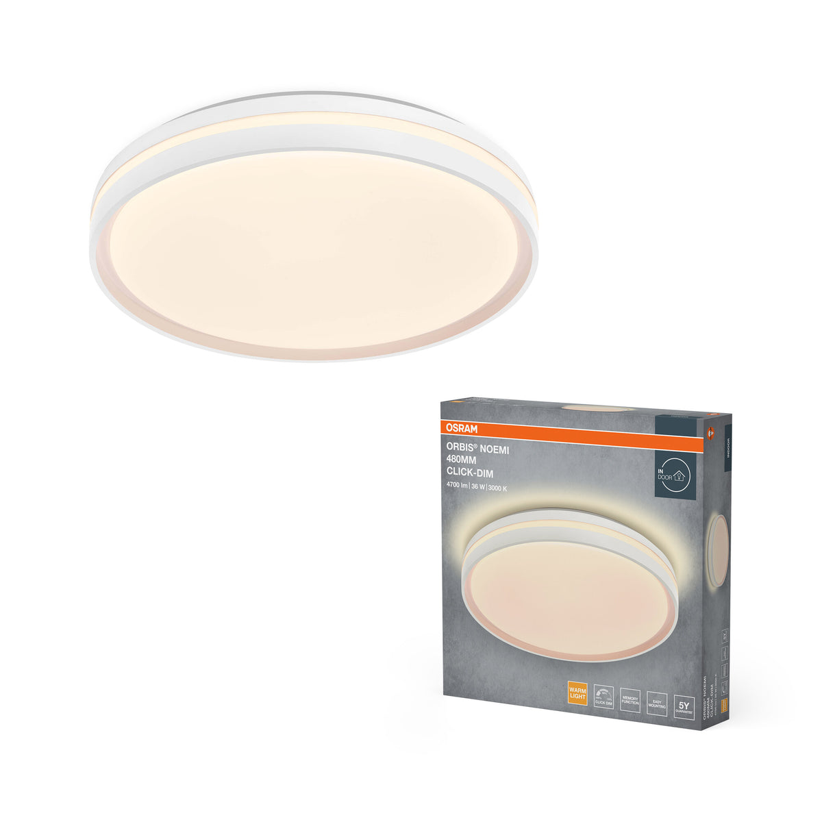 OSRAM Orbis Noemi Deckenleuchte, 480 mm, 36W, 3000K, Warmweiß, Click dimmbar, Weiß