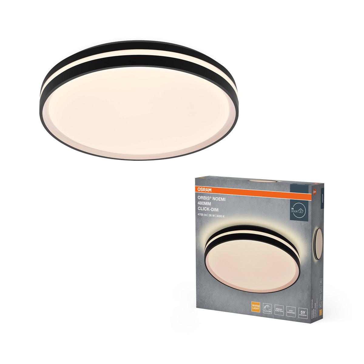 OSRAM Orbis Noemi Deckenleuchte, 36W, 3000K, Warmweiß, Click dimmbar, Schwarz