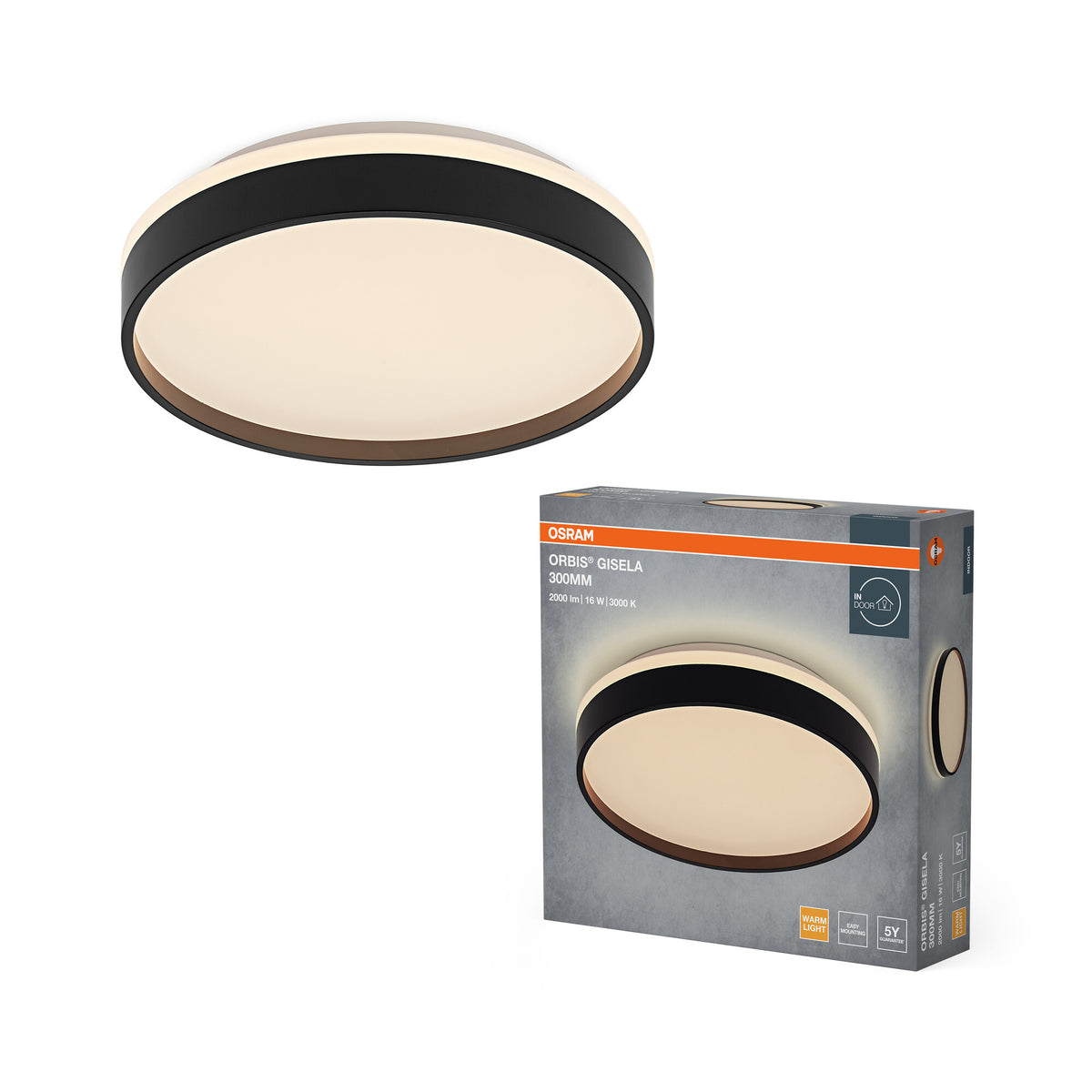 OSRAM Orbis Gisela Deckenleuchte, 300 mm, 16W, 3000K, Warmweiß, Schwarz
