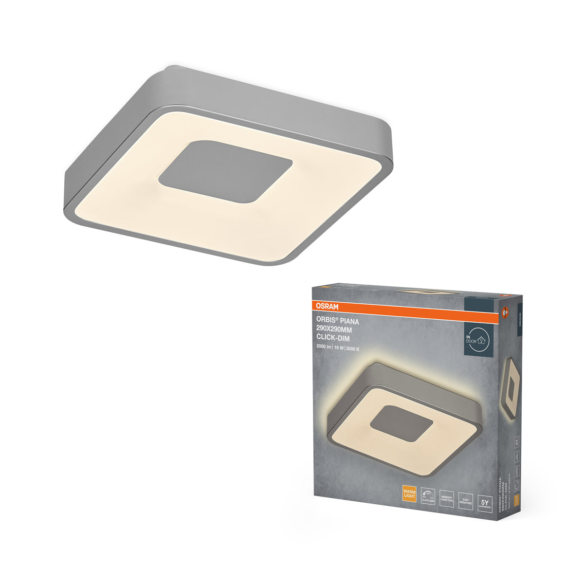 OSRAM Orbis Piana Deckenleuchtre, 290x290 mm, 16W, 3000K, Warmweiß, Click dimmbar, Silber