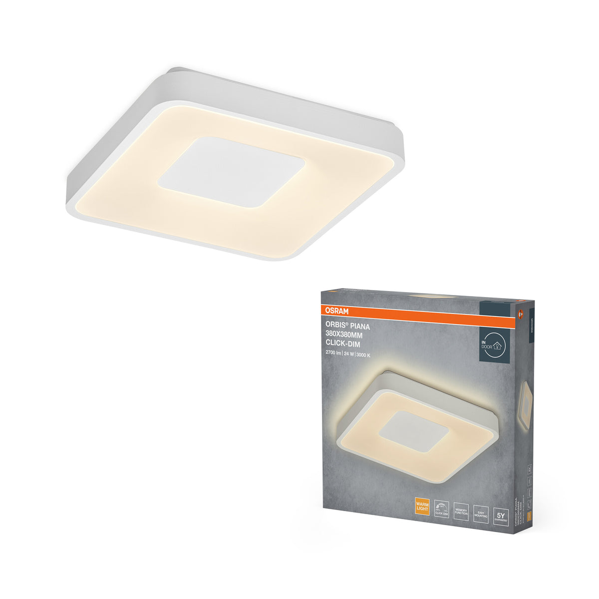 OSRAM Orbis Piana Deckenleuchte, 380x380 mm, 24W, 3000K, Warmweiß, Click dimmbar, Weiß