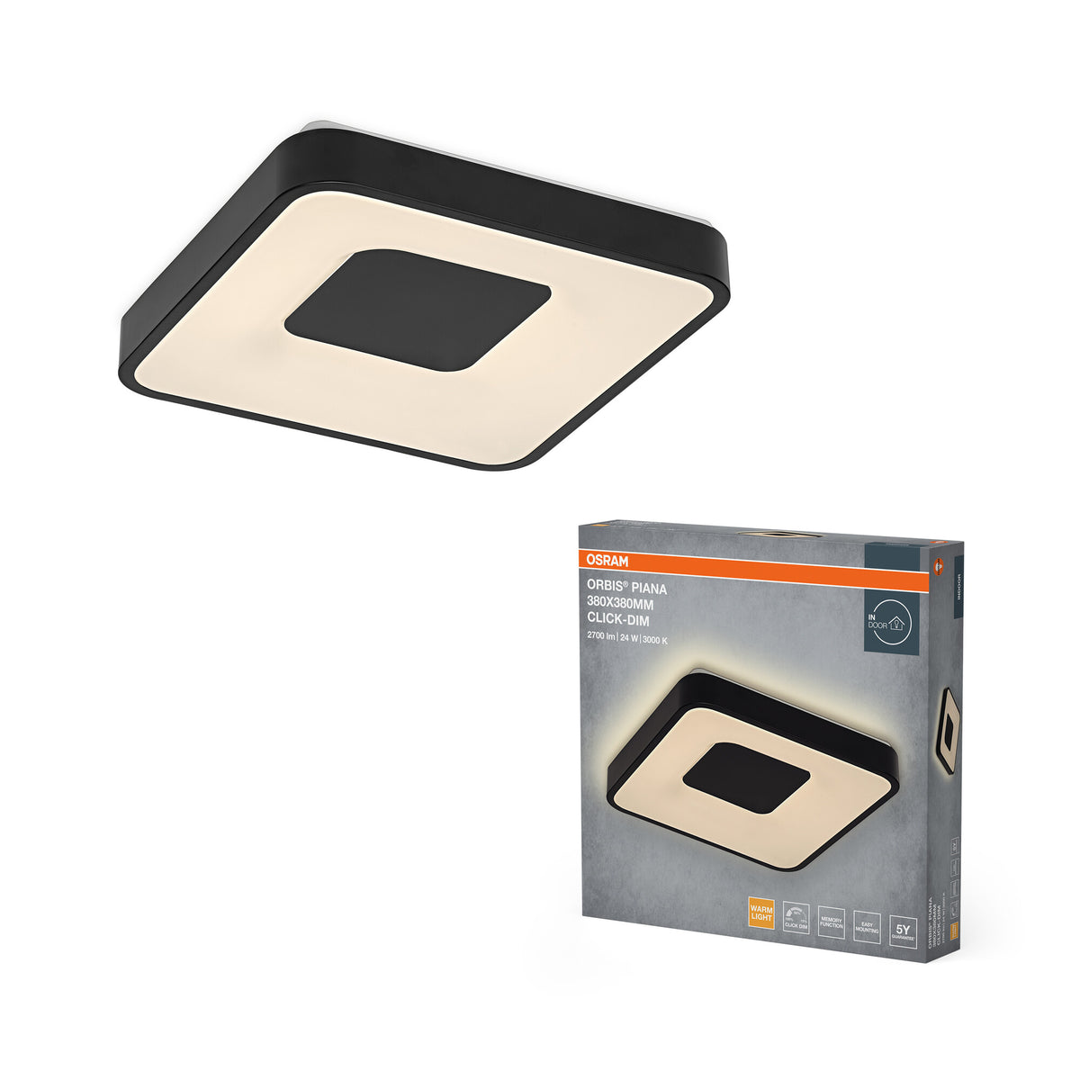 OSRAM Orbis Piana Warmweiß, 380x380 mm, 24W, 3000K, Warmweiß, Click dimmbar, Schwarz