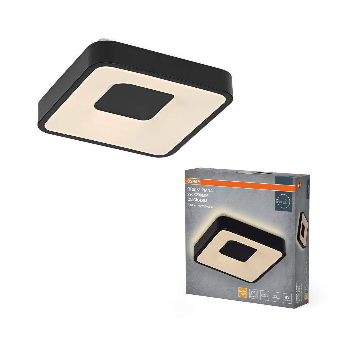OSRAM Orbis Piana Deckenleuchte, 290x290 mm, 16W, 3000K, Warmweiß, Click dimmbar, Schwarz