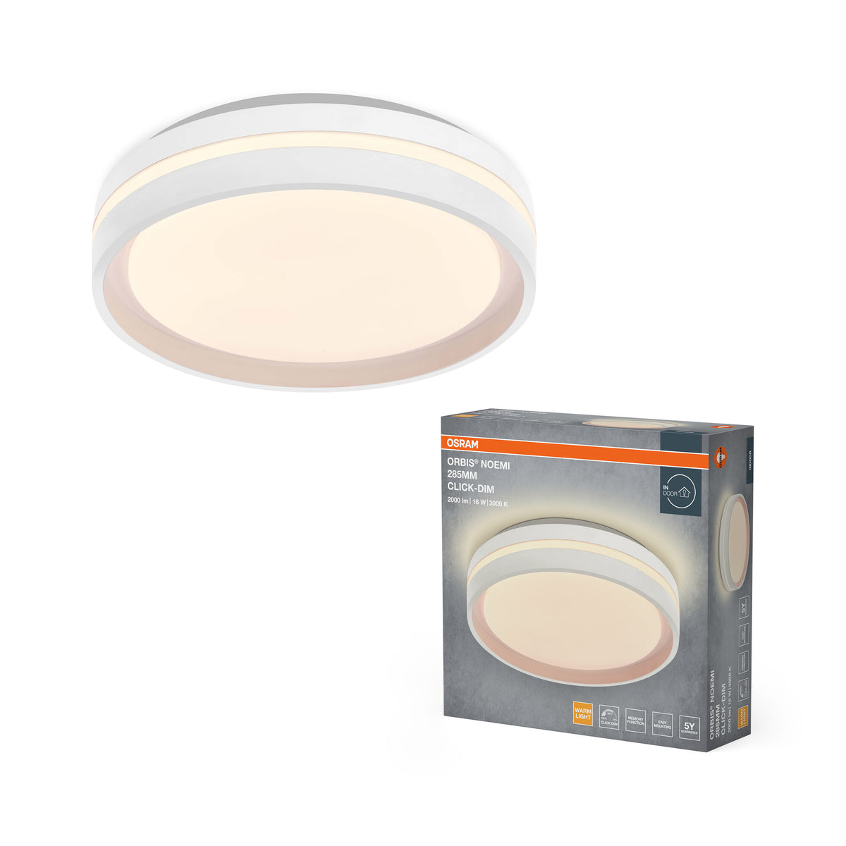 OSRAM Orbis Noemi Deckenleuchte, 285 mm, 16W, 3000K, Warmweiß, Click dimmbar, Weiß