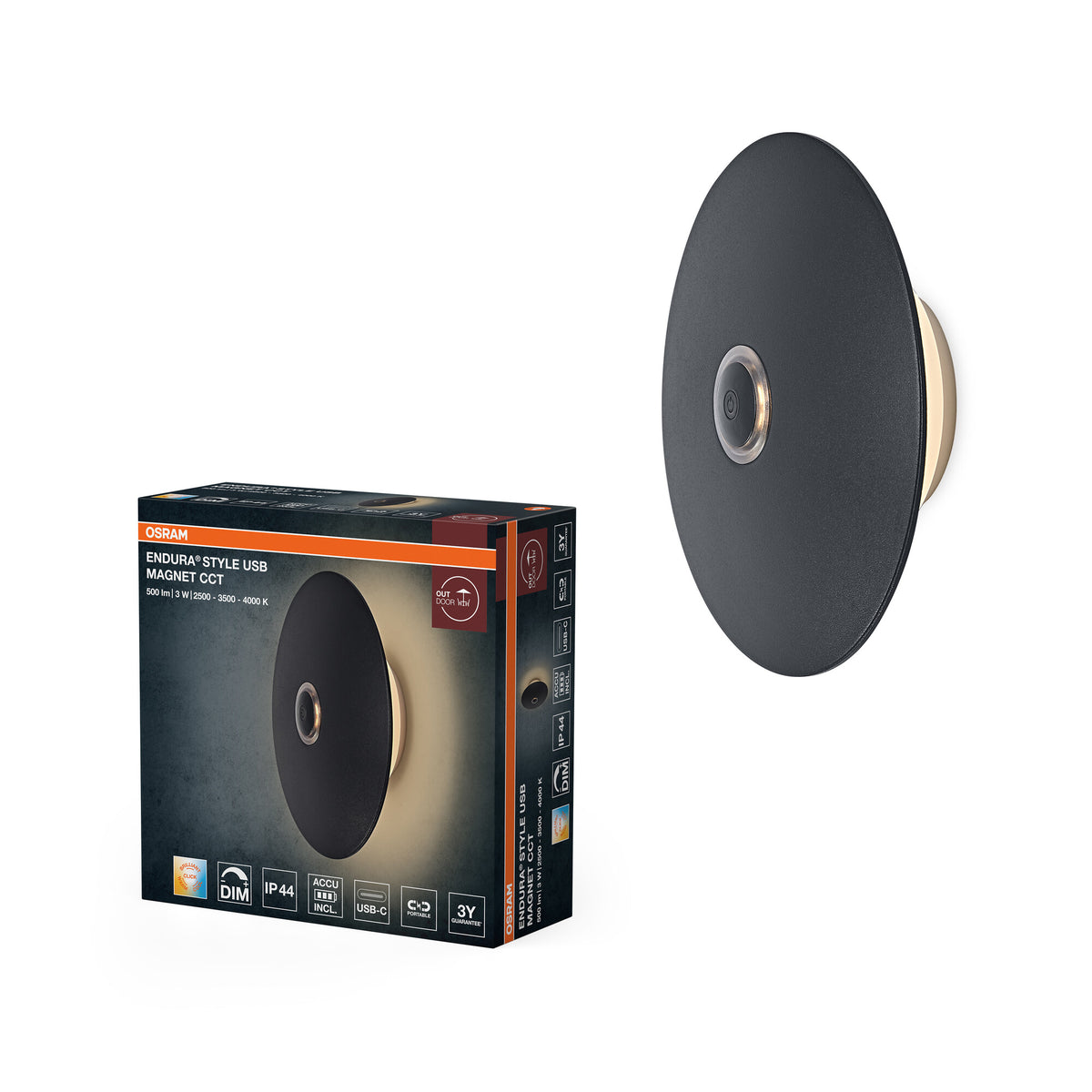 OSRAM Außenwandleuchte, Weiß, Akku mit USB‑C, 3 W, 210 lm, 2500 K/3000 K/4000 K, stufenlos dimmbar, IP44, 25. 000 h Lebensdauer, Aluminiumgehäuse