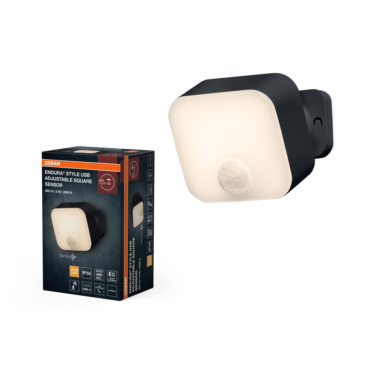 OSRAM Außenwandleuchte, Dark grey, Akku mit USB‑C, 3 W, 150 lm, 3000 K, 110° Abstrahlwinkel, IP54, PIR‑Bewegungsmelder, Tageslichtsensor, 50. 000 h Lebensdauer.