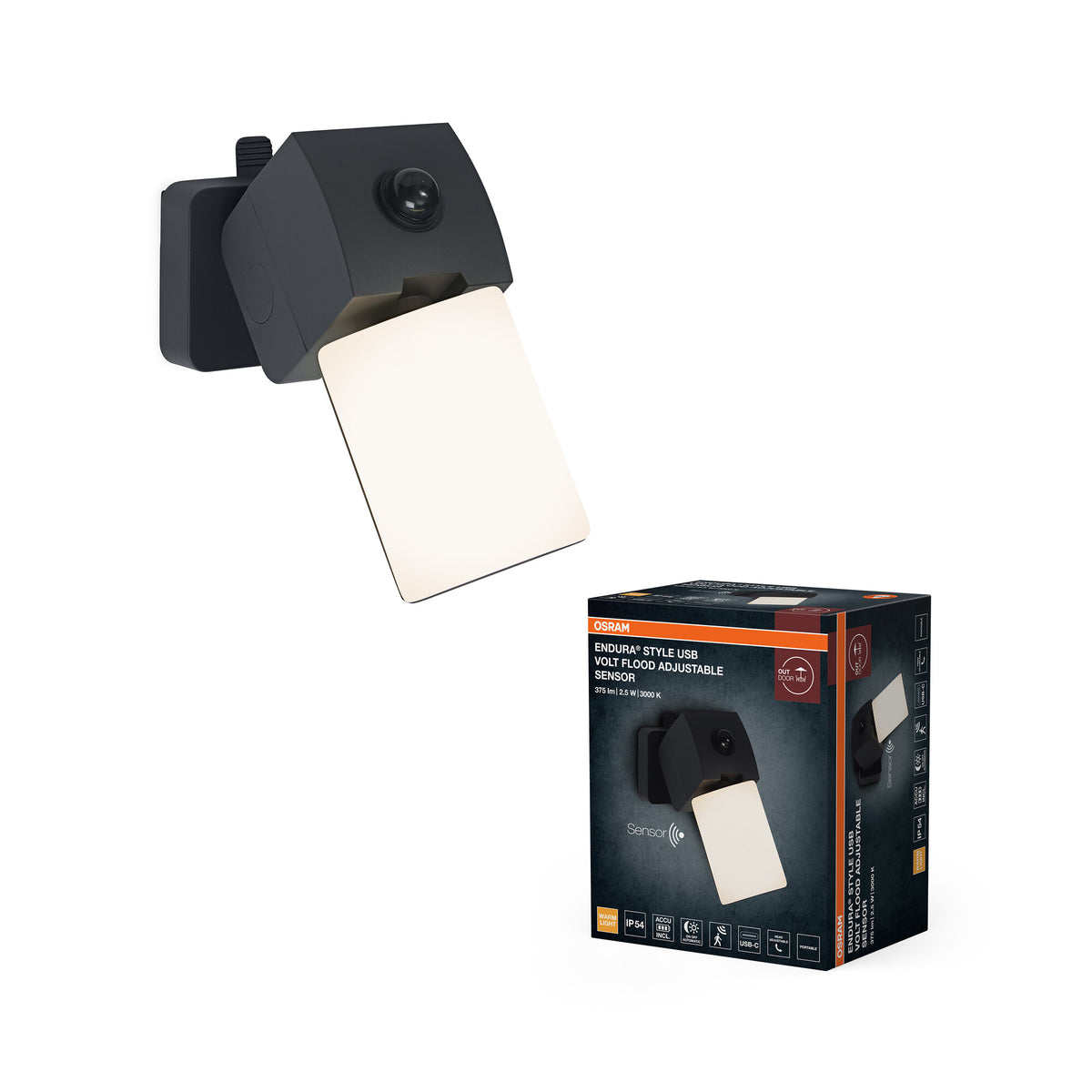 OSRAM Außenwandleuchte, Dunkelgrau, 2,5 W, 275 lm, 3000 K, 111° Abstrahlwinkel, 50. 000 h Lebensdauer, IP54, PIR-Bewegungsmelder, USB-C Ladefunktion