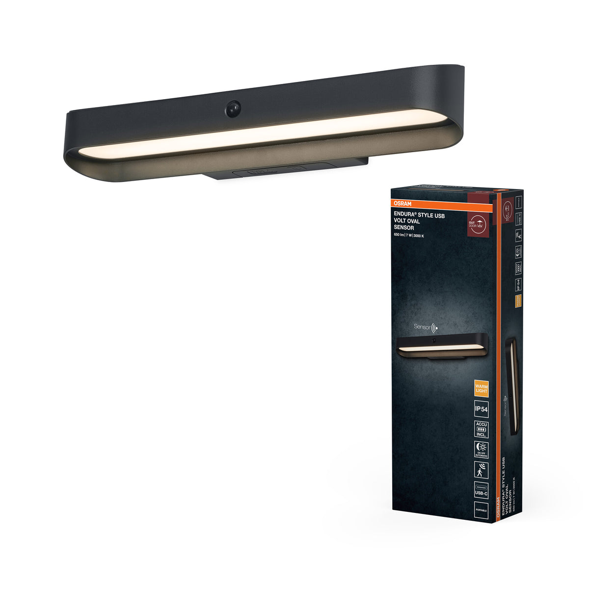 ENDURA Style USB Volt Außenwandleuchte, Dark grey, 7,00 W, 265 lm, 3000 K, 108° Abstrahlwinkel, 50. 000 h Lebensdauer, IP54, Akku mit USB‑C, Bewegungsmelder, Aluminium