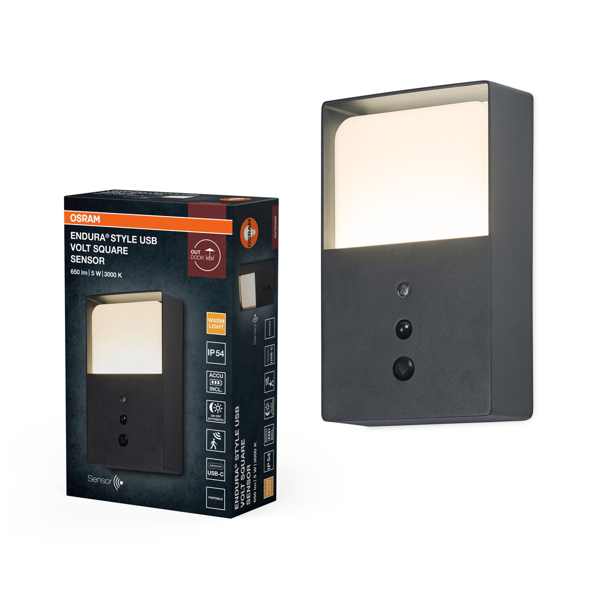 ENDURA Style USB Volt Außenwandleuchte, Dark Grey, 5 W, 350 lm, 3000 K, 230° Abstrahlwinkel, IP54, Lithium‑Ion‑Akku, USB‑C Laden, 50. 000 h Lebensdauer