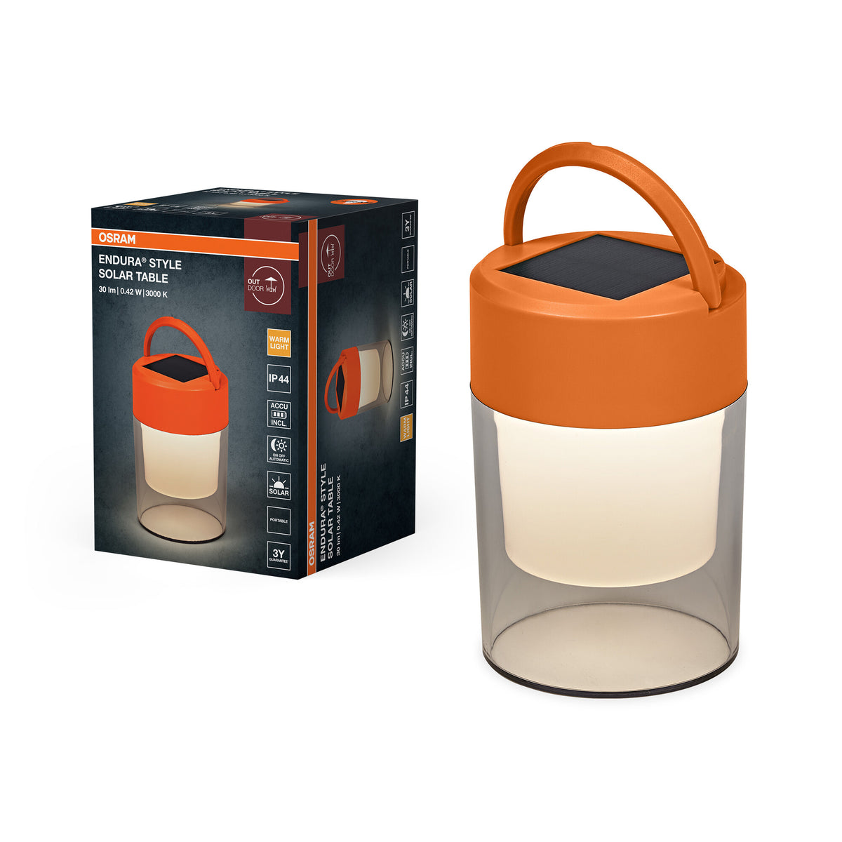ENDURA Style Solar Table Tischlampe, Orange, 3000 K, 20 lm, 170° Abstrahlwinkel, IP44, 3,7 V, 25000 h Lebensdauer, Lithium ion Akku, 199 mm Höhe