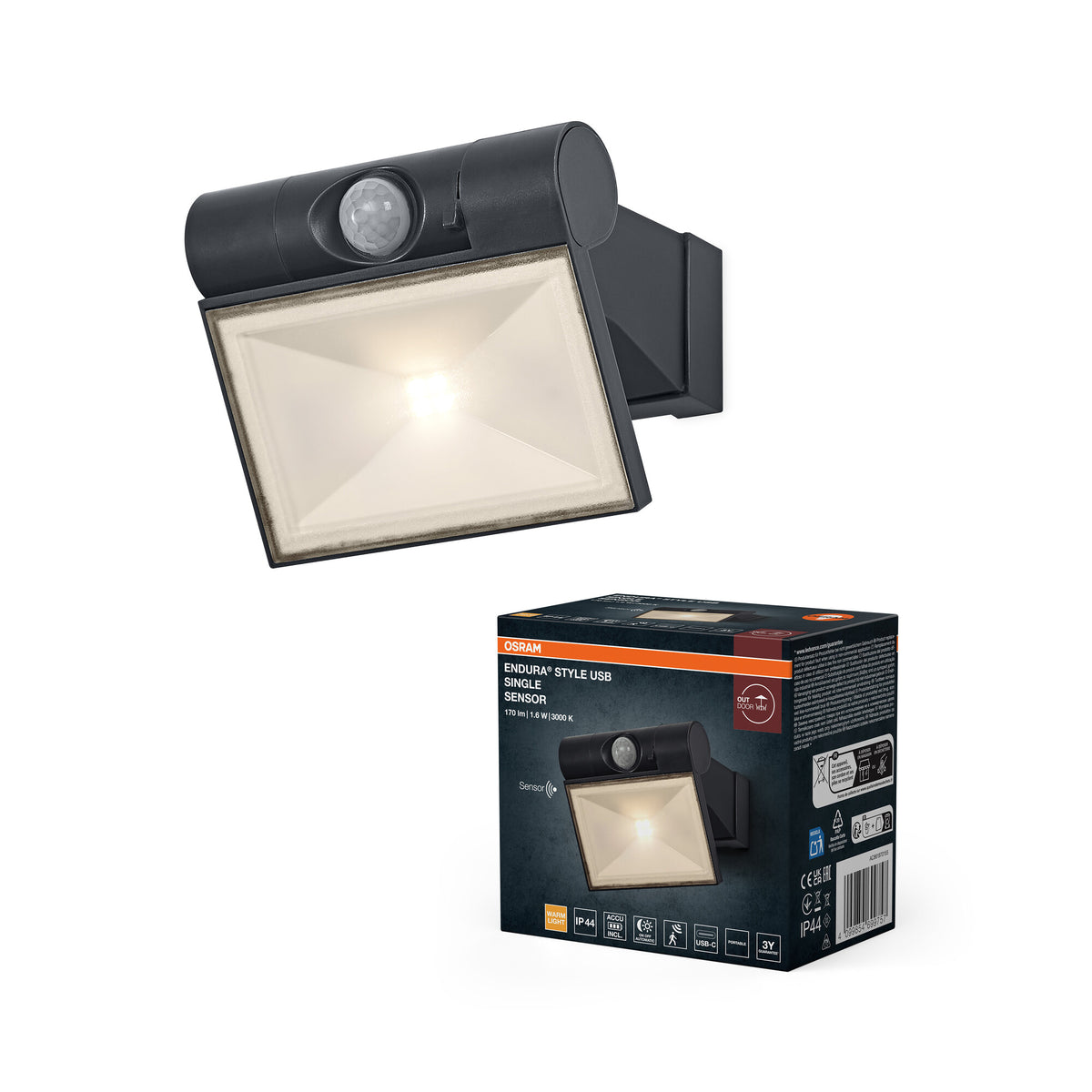 ENDURA Style USB verstellbarer Up-Down Strahler, dunkelgrau, 1,6 W, 120 lm, 3. 000 K, 110° Abstrahlwinkel, IP44, 25. 000 h Lebensdauer, PIR-Sensor, USB-C Ladefunktion.