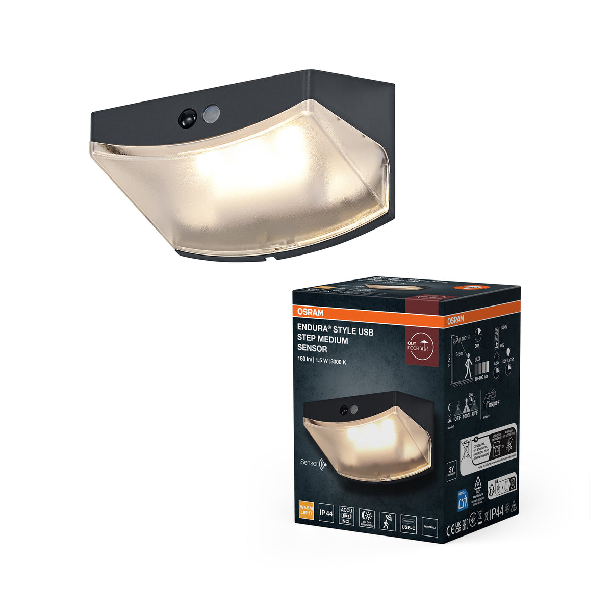 OSRAM Außenwandleuchte, Dark Grey, Akku mit USB‑C, 1,5 W, 3000 K, 120 lm, 120° Abstrahlwinkel, IP44, PIR‑Bewegungsmelder, 30 s Schaltzeit, 25. 000 h Lebensdauer