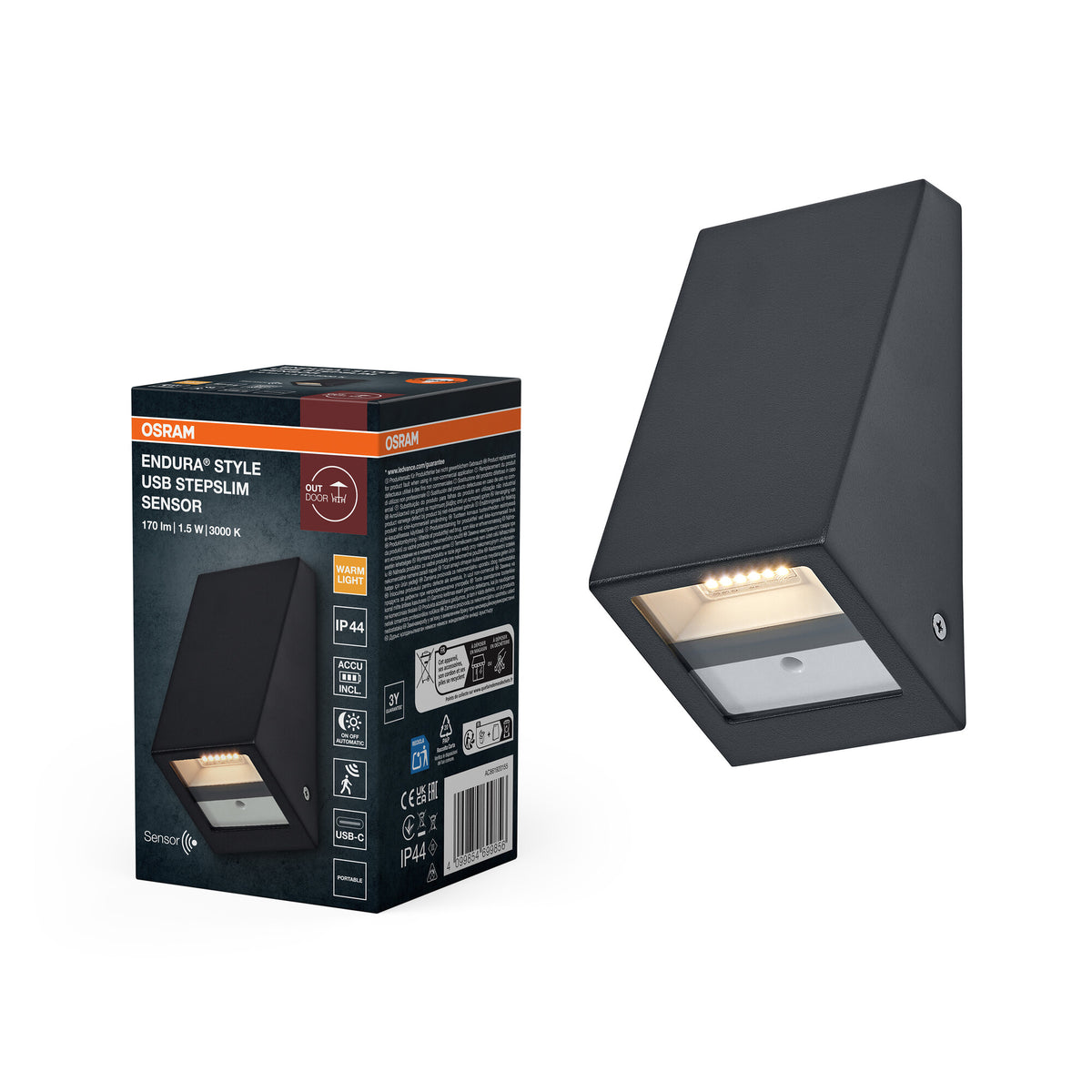 OSRAM Außenwandleuchte, Dark Grey, Akku mit USB‑C, 1,5 W, 120 lm, 3000 K, 105° Abstrahlwinkel, IP44, Bewegungsmelder, Tageslichtsensor, 25. 000 h Lebensdauer