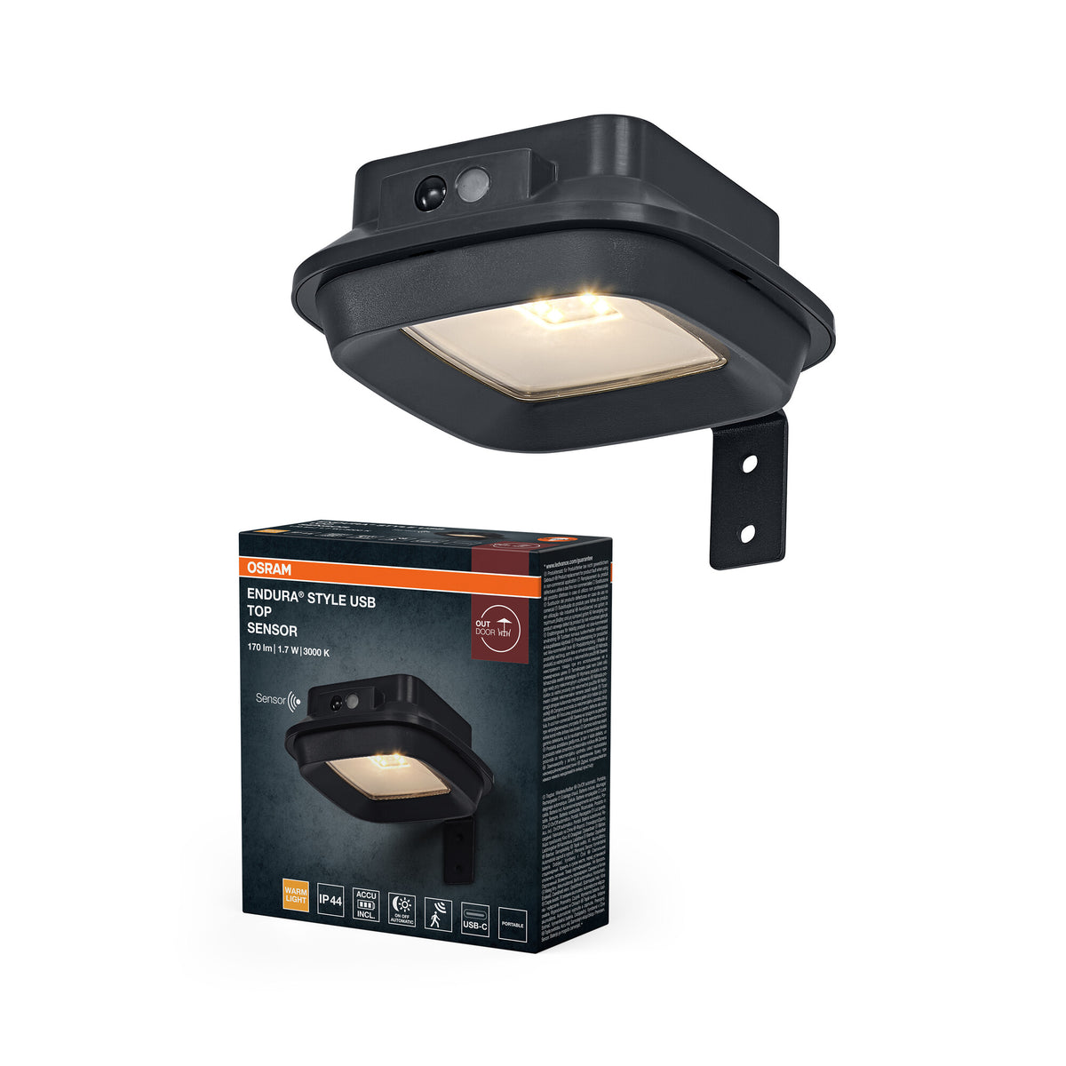 OSRAM Außenwandleuchte, Dunkelgrau, 3000 K, 120 lm, 120° Abstrahlwinkel, IP44, Lithium‑ion Akku, USB‑C Ladekabel, PIR‑Bewegungsmelder, 1,7 W, 25. 000 h Lebensdauer