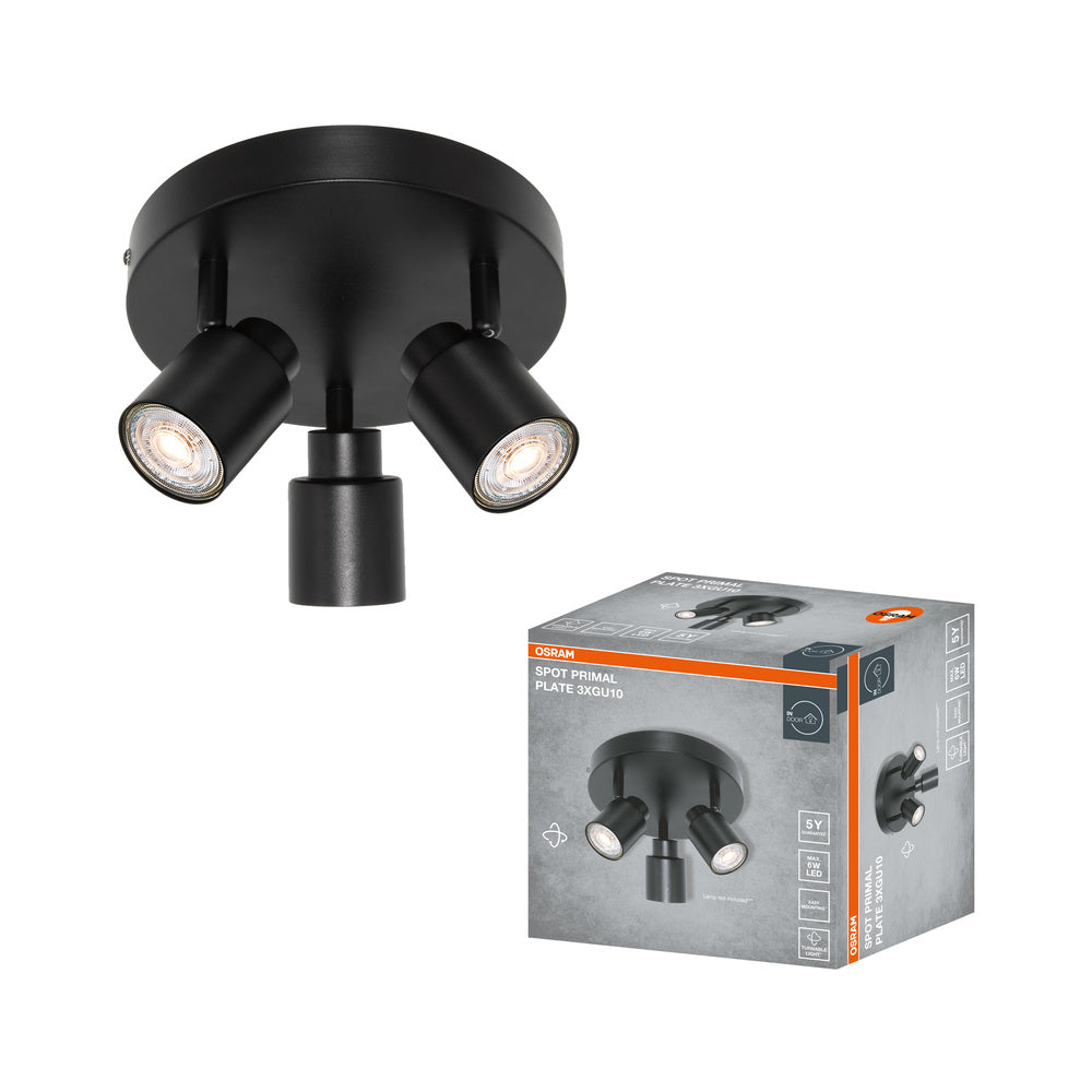 OSRAM 3-Punkt LED Spot PRIMAL Plate, Leuchte, 3xGU10, Schwarz