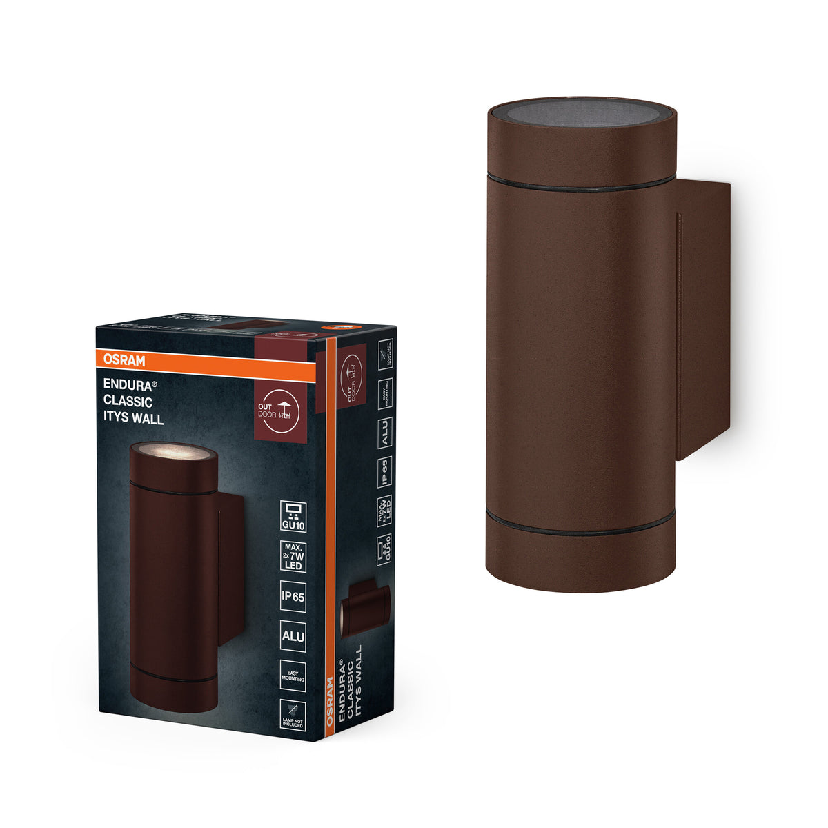 OSRAM Außenwandleuchte, Rust, GU10-Sockel, IP65, Aluminiumgehäuse, Glasdiffusor, 2 Leuchtmittel, 220–240 V, IK05, 158 mm Höhe
