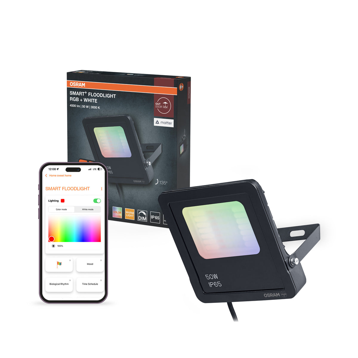 OSRAM SMART+ MATTER Floodlight LED-Fluter, 10W, 800lm, RGBW 16 Mio. Farben, 3000K, WiFi, Matter, Alexa/Google, IP65