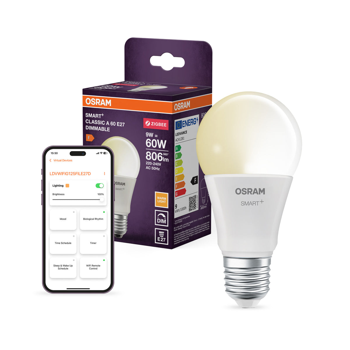 OSRAM SMART+ ZIGBEE Classic Dimmable in A-Form, LED-Lampe, Matt, 9 W, 806 lm, 2700 K, Wifi, Google Assistant, Amazon Alexa, Smartspeaker-Kompatibel, Dimmbar, CRI 80