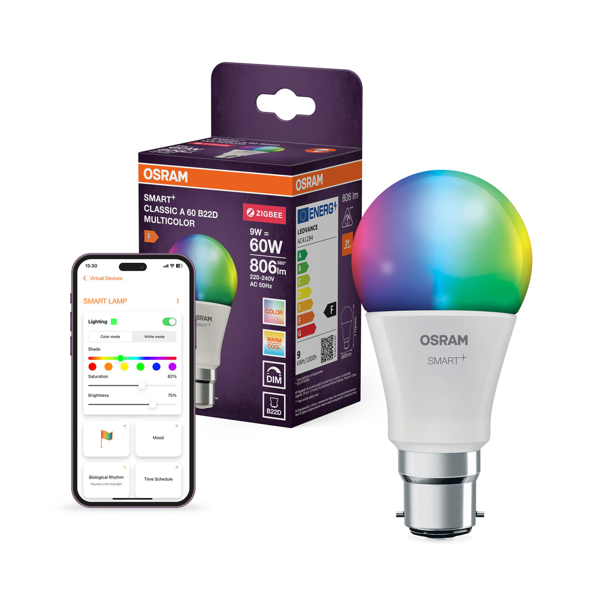 OSRAM SMART+ ZIGBEE Classic Multicolour in A-Form, LED-Lampe, Matt, 9 W, 806 lm, von 2700 bis 6500 K, Wifi, Smartspeaker-Kompatibel, Dimmbar