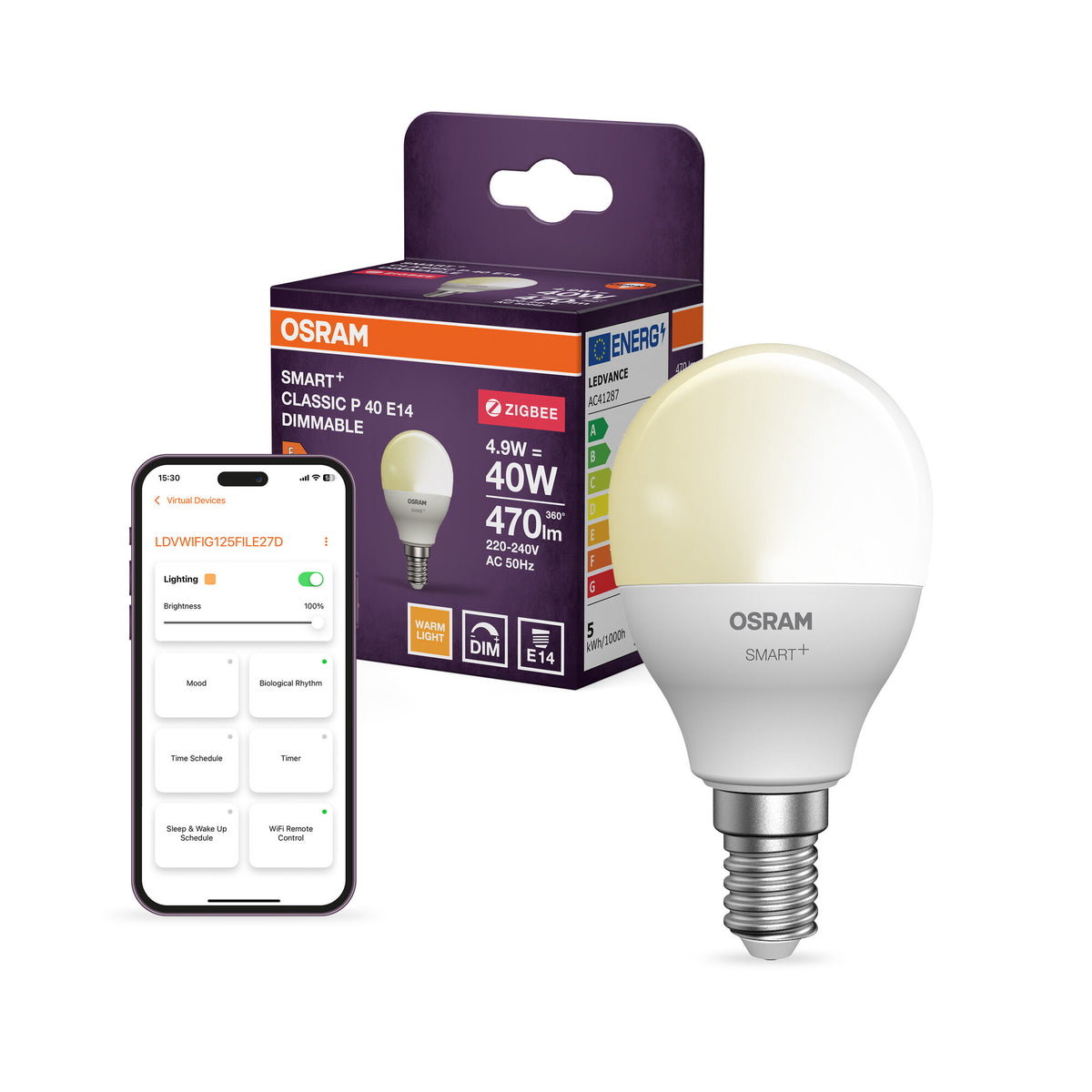 OSRAM SMART+ ZIGBEE Classic Dimmable in P-Form, LED-Lampe, Matt, 4,9 W, 470 lm, 2700 K, Wifi, Google Assistant, Amazon Alexa, Smartspeaker-Kompatibel, Dimmbar, CRI 80