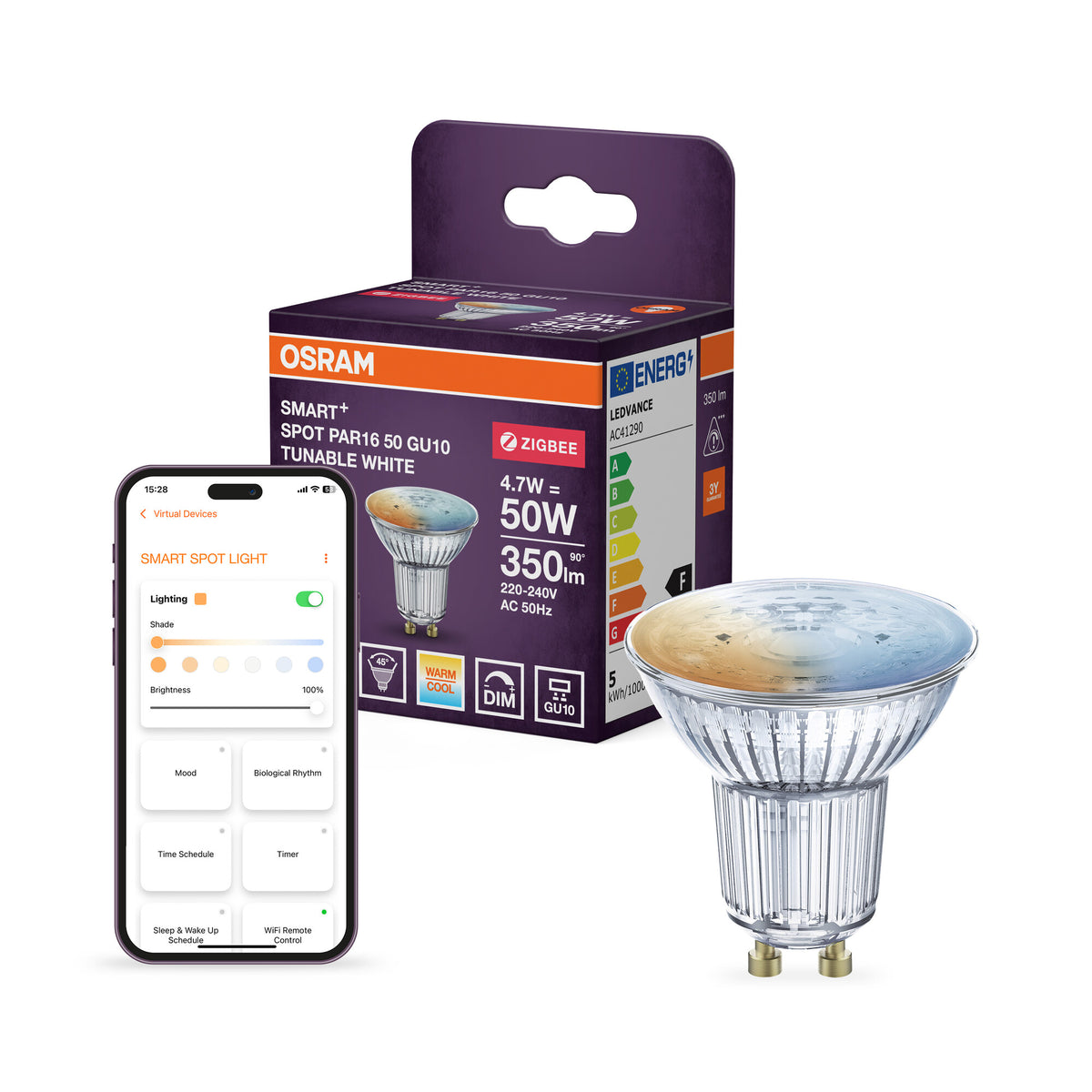 OSRAM SMART+ ZIGBEE Spot Tunable White in PAR16-Form, LED-Spot, Glas, 4,7 W, 350 lm, von 2700 bis 6500 K, Zigbee, Smartspeaker-Kompatibel, Dimmbar
